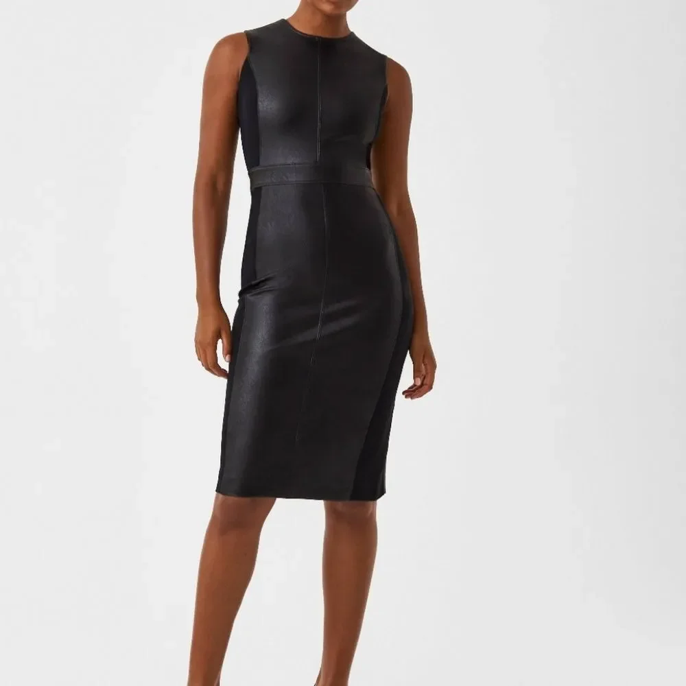 Spanx Black Faux Leather Combo Sleeveless Sheath Dress Size M Fitted Pencil